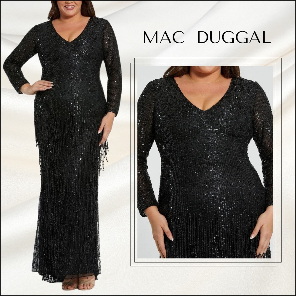 関税送料込【MAC DUGGAL】ロング ワンピース フリンジ ブラック