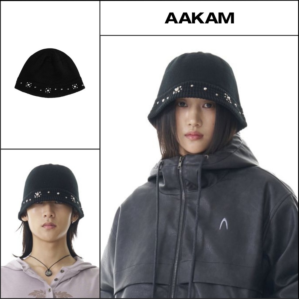 【AAKAM】Multi Studded Knit Bucket Hat Flower