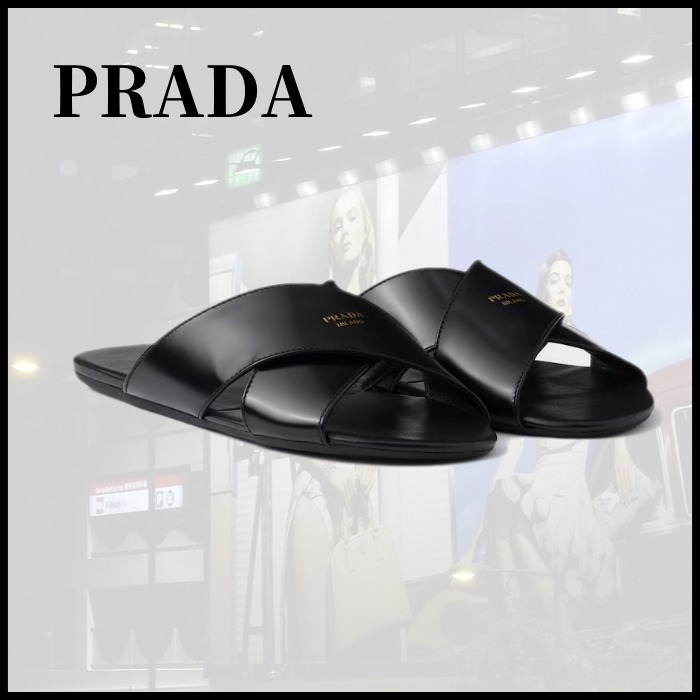■PRADA プラダ ブラッシュドレザー スライドサンダル