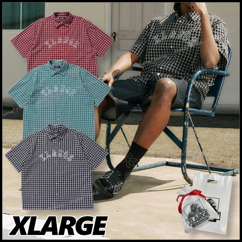 XLARGE フロントパッチロゴ 半袖チェック柄シャツ デニムに合う