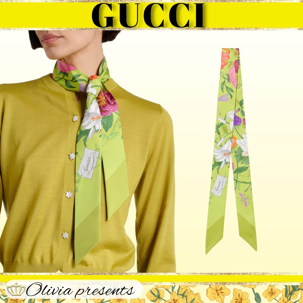 【GUCCI】花柄シルクツイルスカーフ