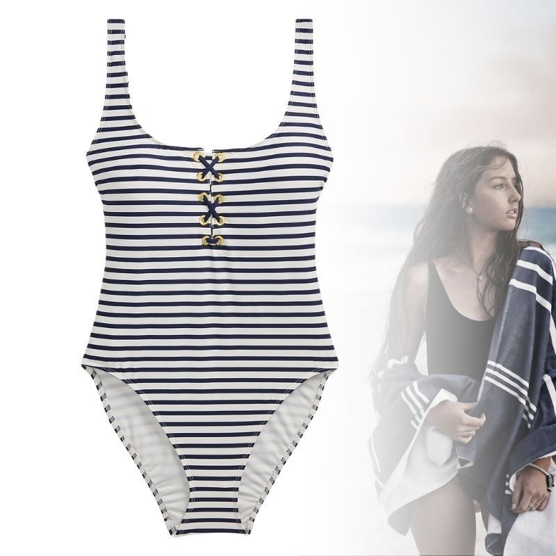 【Lauren RALPH LAUREN】ストライプ レースアップ スイムスーツ