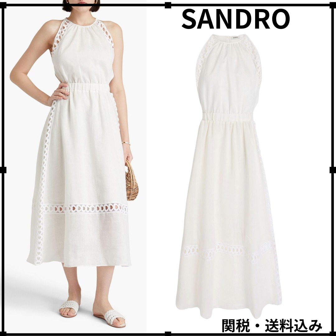 ★SANDRO★サンドロ ミディワンピース レーストリム 白 関送込