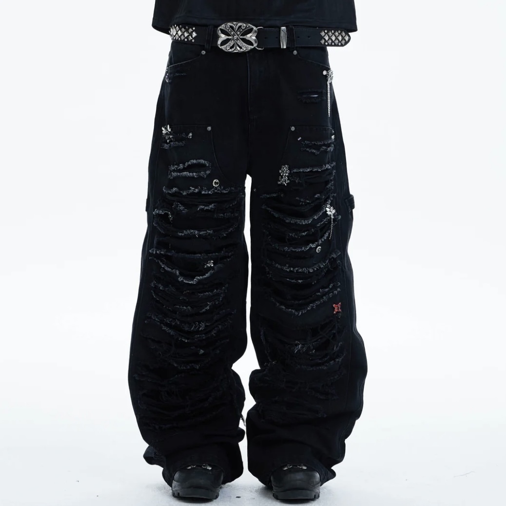 国内で当店のみ DND4DES - Shredded Rivet-Paneled Baggy Jeans