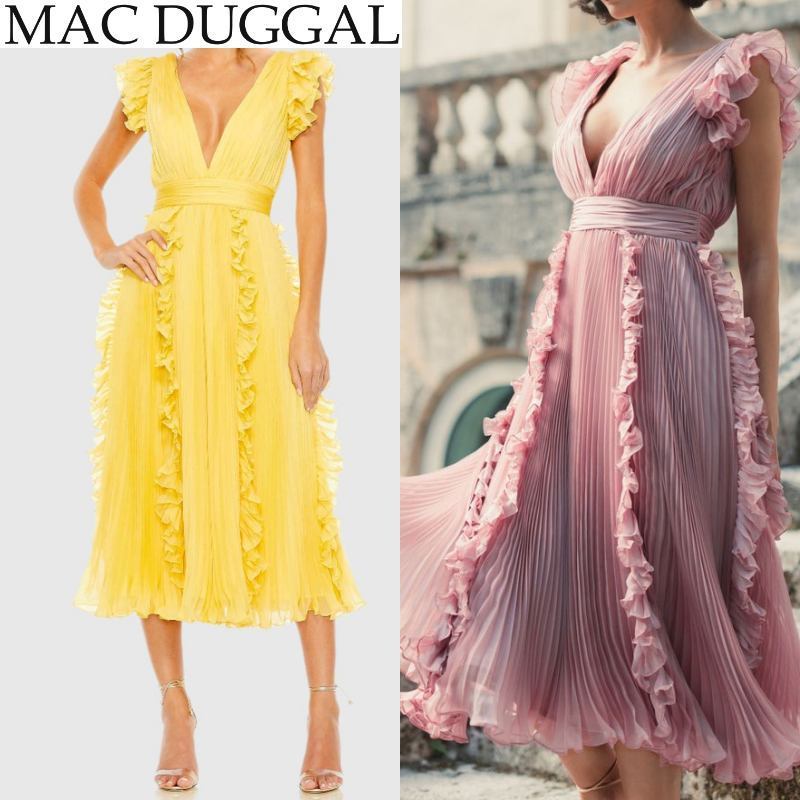 【Mac Duggal】プリーツシフォンVネックラッフルミディドレス