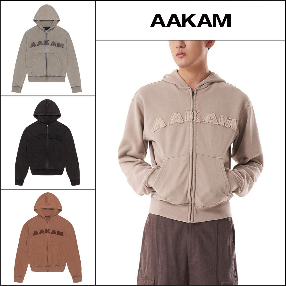 【AAKAM】Washed Logo Zip-Up Hoodie 4Colors