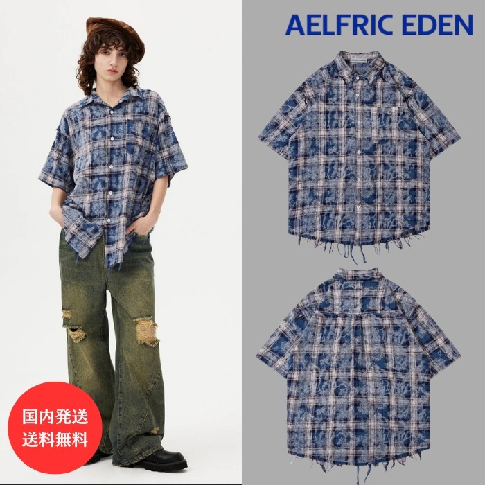 送料込み【Aelfric Eden】タイダイ チェック柄 半袖シャツ