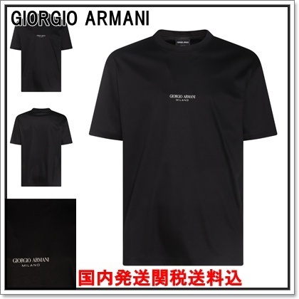 GIORGIO ARMANI ロゴブラックコットンクルーネック半袖Tシャツ