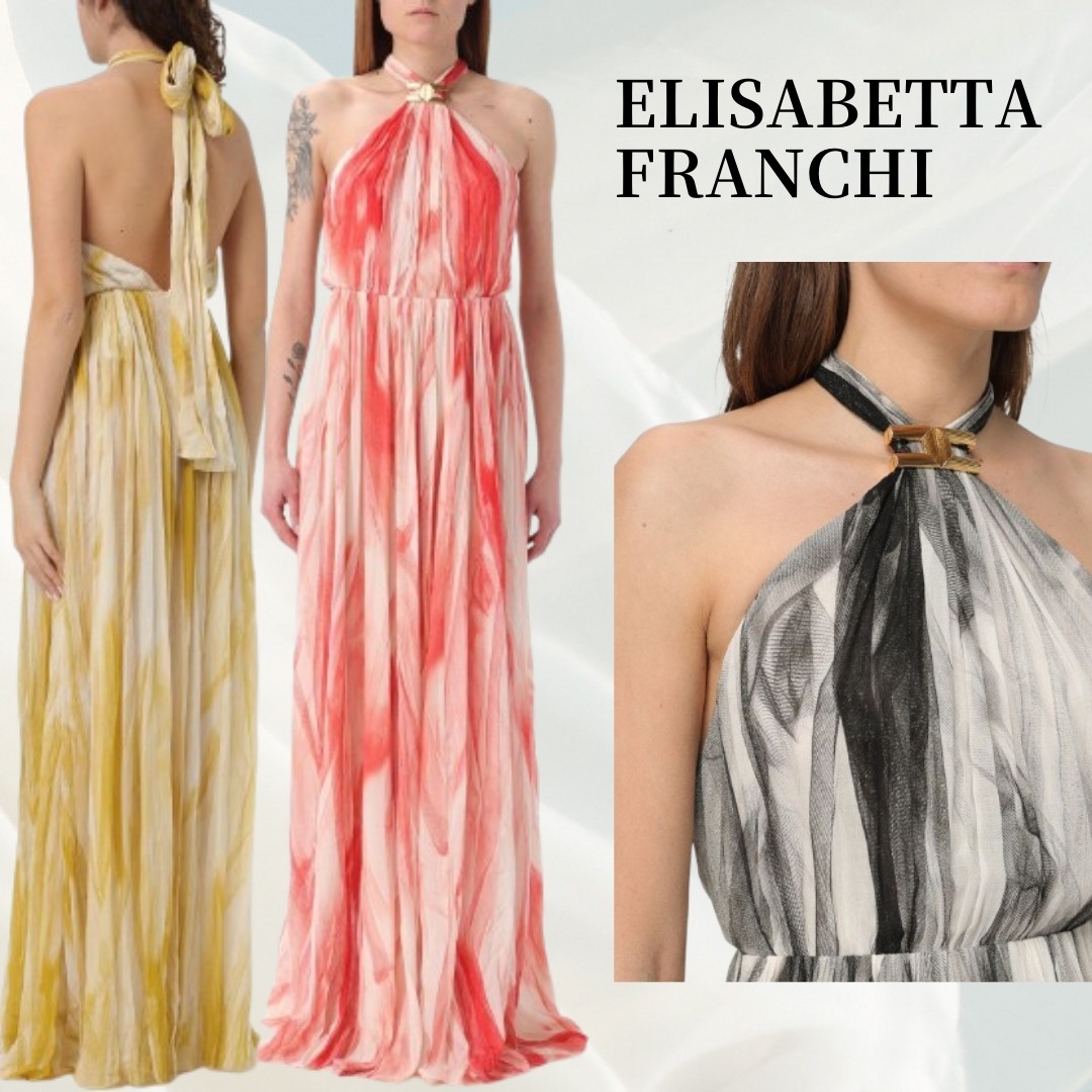 【ELISABETTA FRANCHI】チュールプリントレッドカーペットドレス