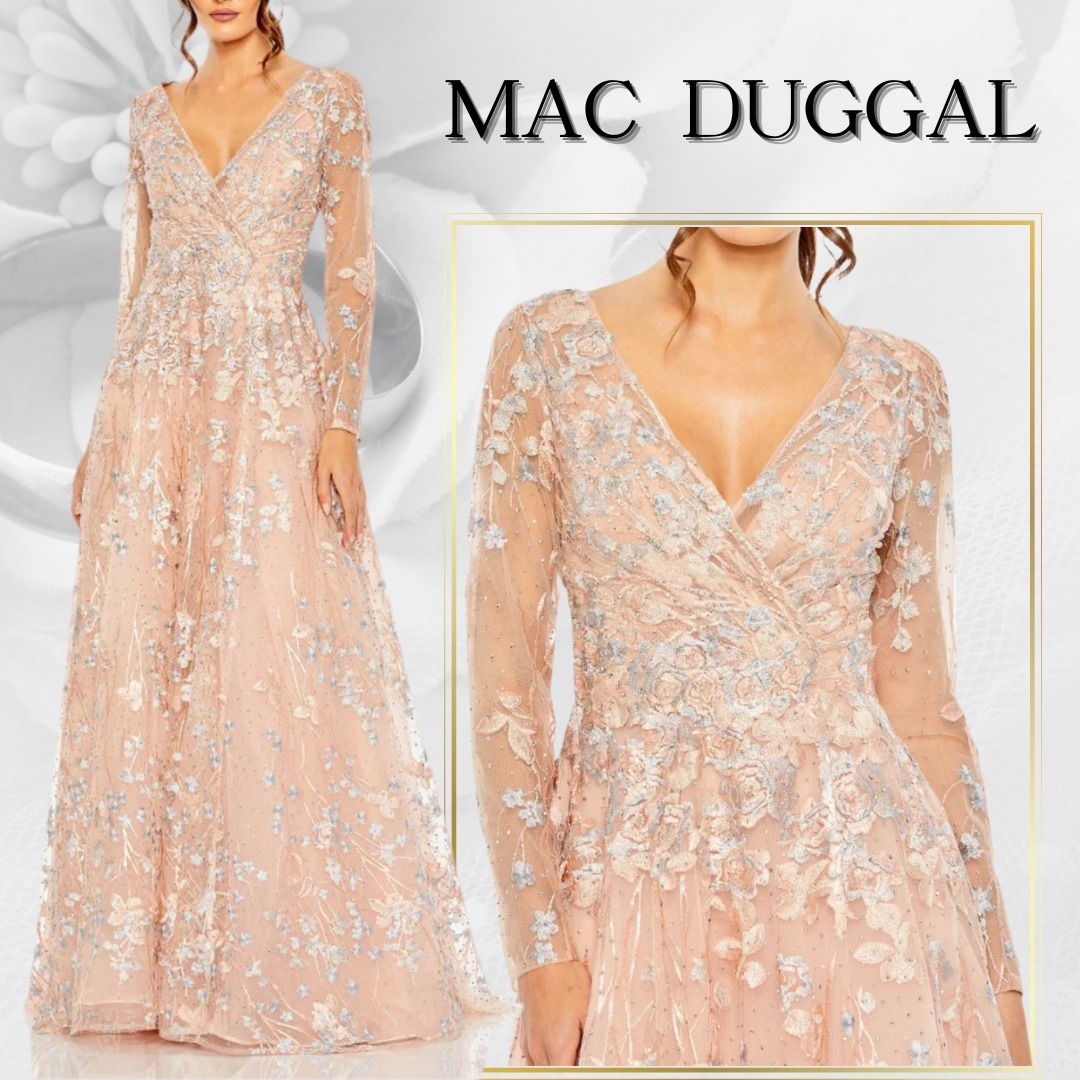 【MAC DUGGAL】ロングドレス ピンク Vネック レース Aライン