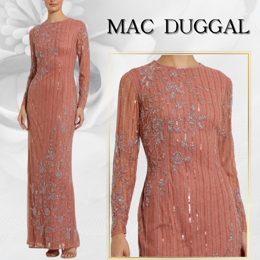 【MAC DUGGAL】ロングドレス ピンク 長袖 ハイネック 花柄