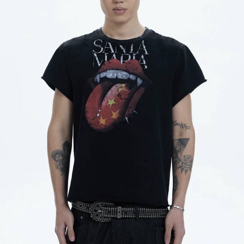 国内で当店のみ DND4DES - Punk Fanged Lips Distressed Tee