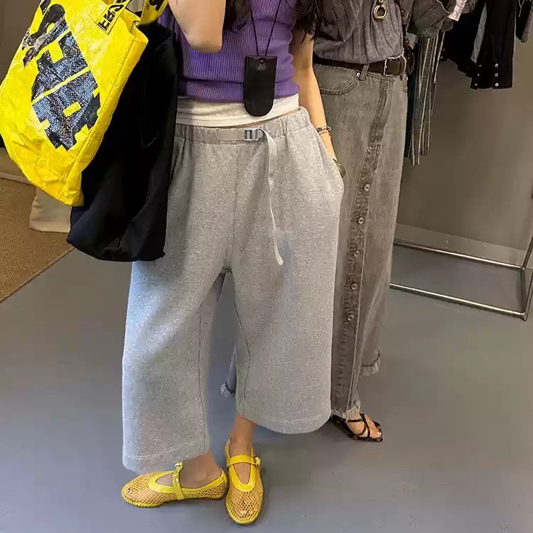2色 カジュアル ラフ ルーズ コットン ワイド クロップドパンツ