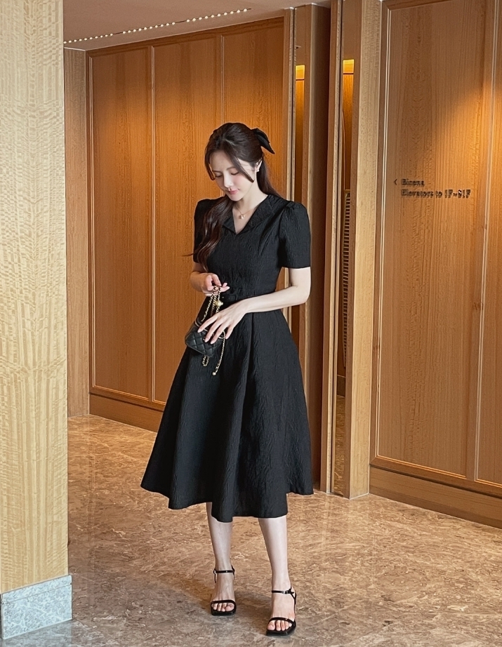 【I AM MARI】Yuel Puff Collar Jacquard Long OP (Belt Set)