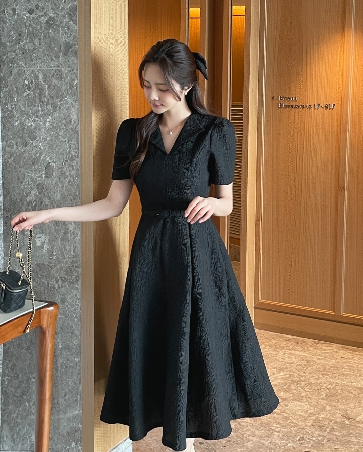 【I AM MARI】Yuel Puff Collar Jacquard Long OP (Belt Set)