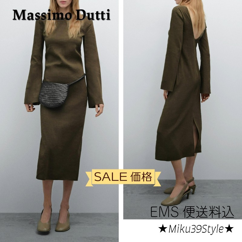 【SALE価格マッシモドゥッティ】スリムなラインのカーキ色ドレス