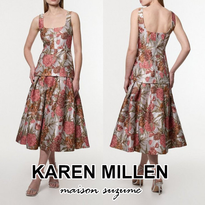 【KAREN MILLEN】フローラルジャカード☆ストラップフレアドレス