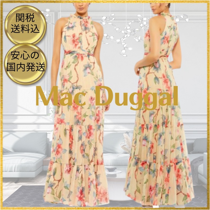 ★Mac Duggal★ Beige 花柄 ホルターネック ティアードドレス