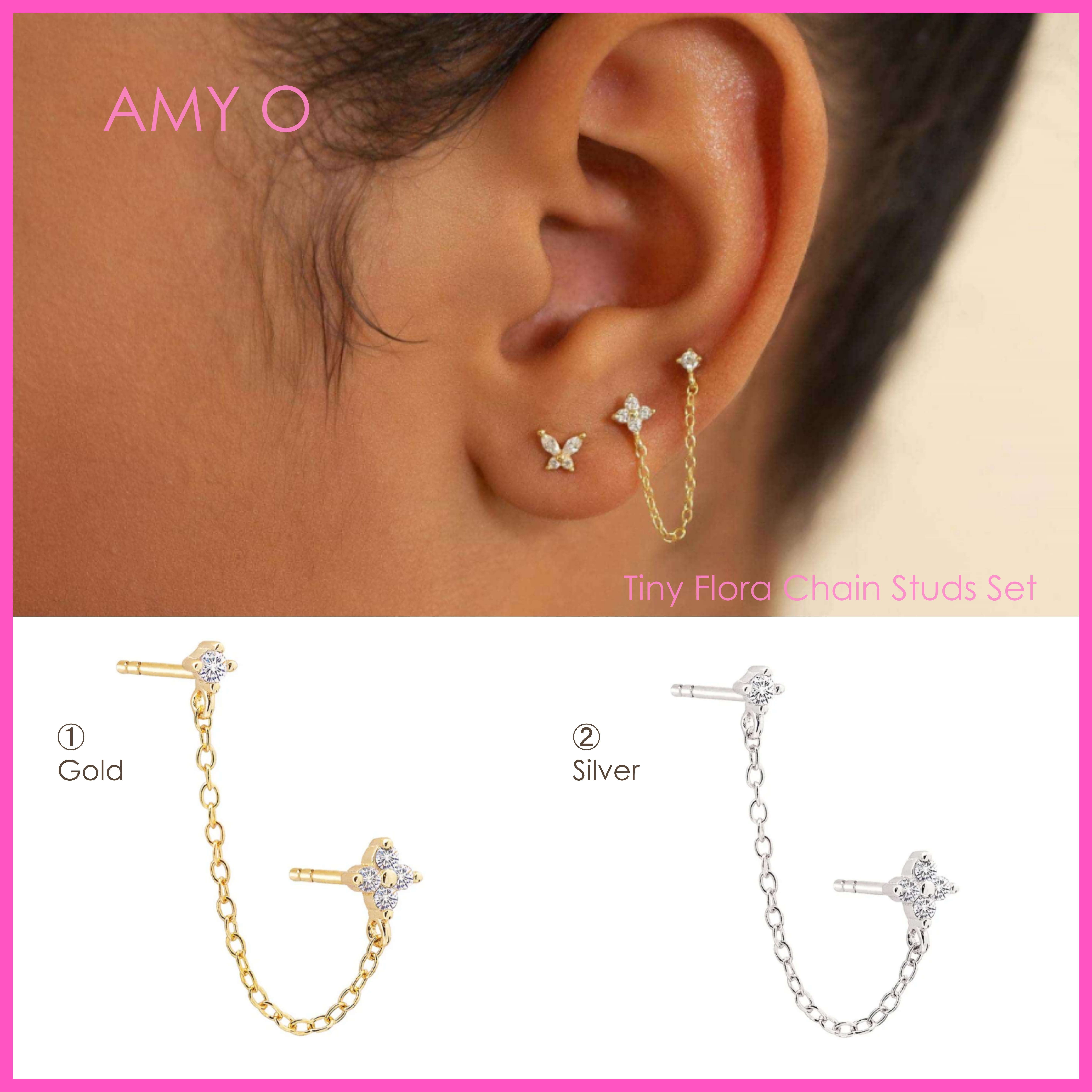 送料関税込【AMY O】Tiny Flora Chain Studs Set (2色) 国内発送