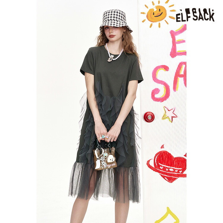 ELFSACK ワンピース シャツワンピース 半袖 メッシュ ミモレ丈