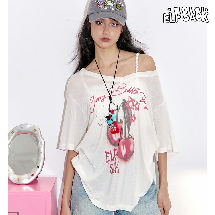 ELFSACK Tシャツ トップス シースルー 半袖 ゆったり