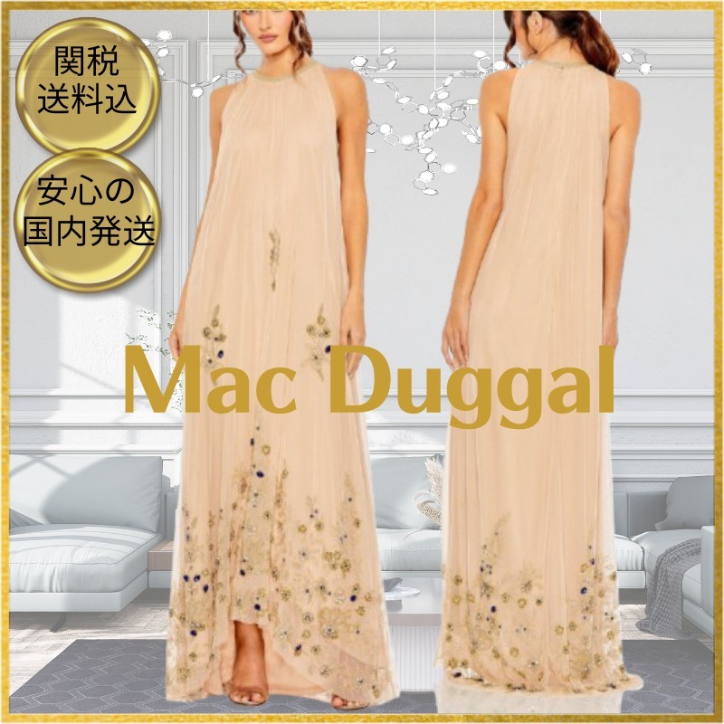 ★Mac Duggal★ Beige 花柄 ハイネック トラペーズドレス
