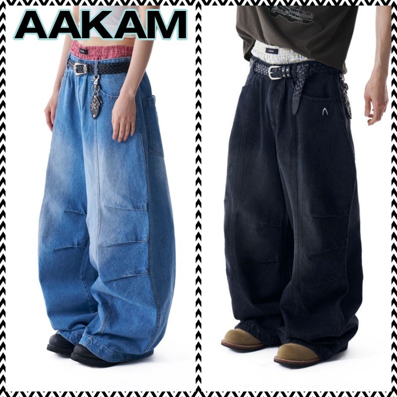 ●AAKAM● Knee Pin-tuck Washed Denim Pants