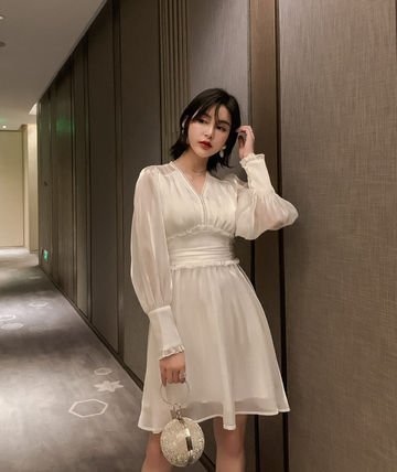 【送料込】ドレス ワンピース Aライン Vネック 長袖 パーティー