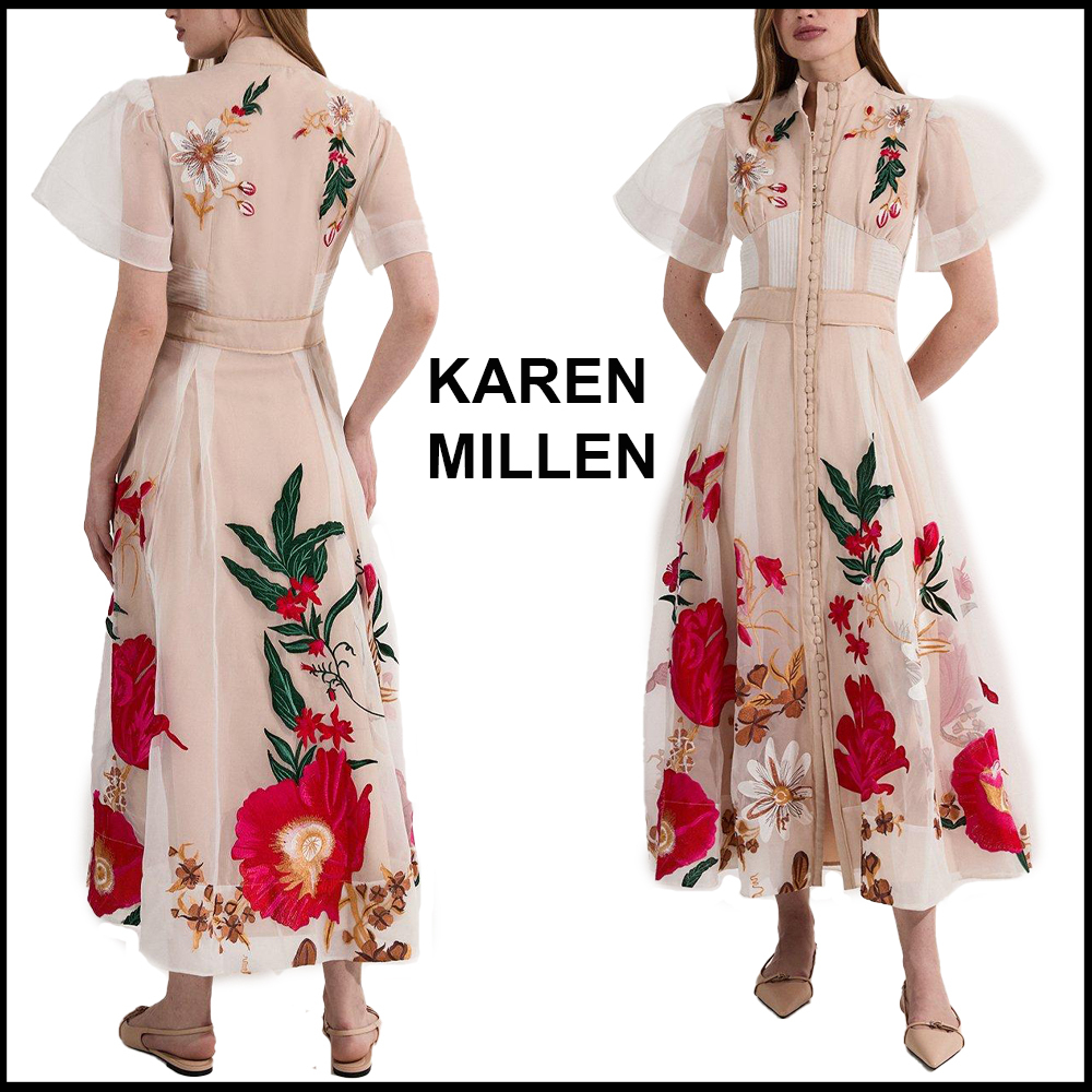 Karen Millen★ボタニカル刺繍オーガンザミディドレス