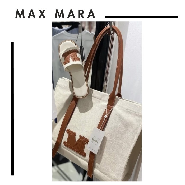 MAX MARA●BRAVA 刺繍ロゴ付きレザー×キャンバストートバッグ