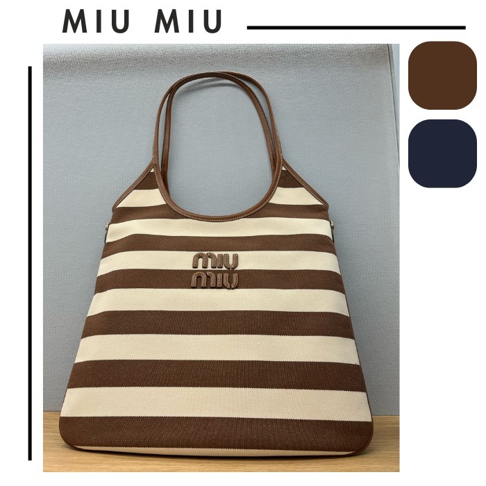 MIU MIU●IVYロゴ入りキャンバスxレザートートバッグ ストライプ