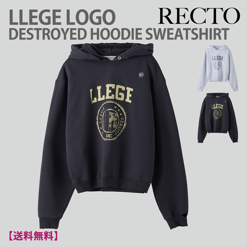 [韓国人気]★RECTO★LLEGE LOGO DESTROYED HOODIE SWEATSHIRT