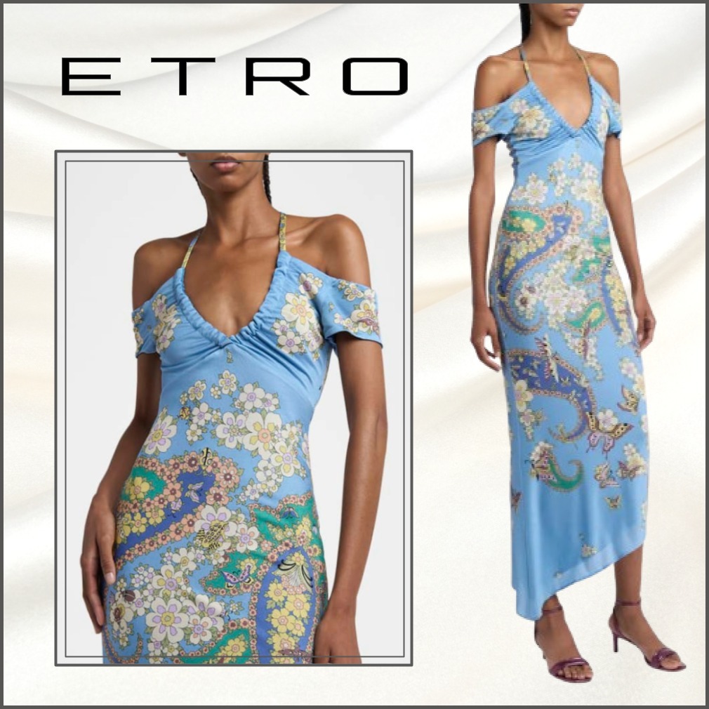 関税送料込【ETRO】エトロ ロング ワンピース ホルター ブルー