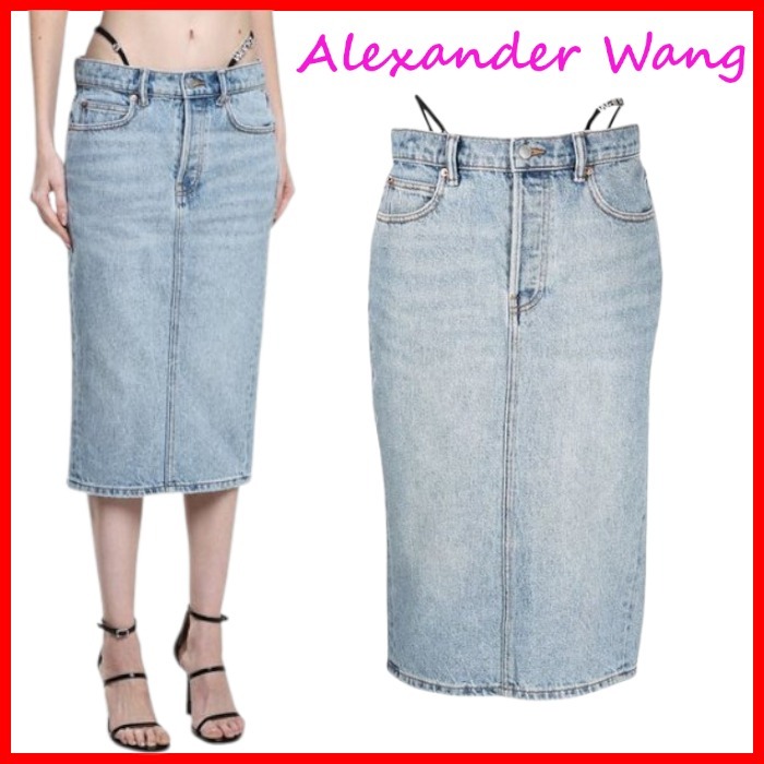 Alexander Wang ロゴ クリスタル付き デニム ミディスカート
