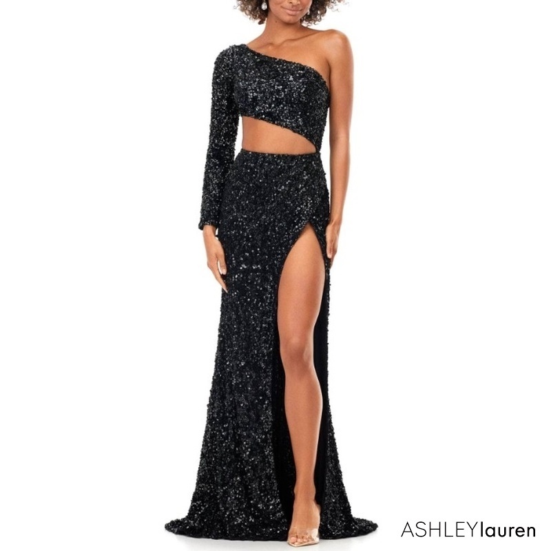 Ashley Lauren シークインワ ンショルダー ロング カラードレス