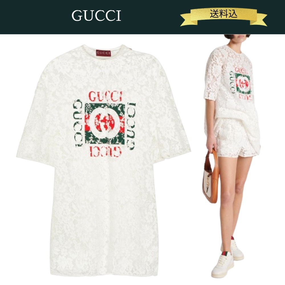 GUCCI プリント フローラル コットンレース トップ