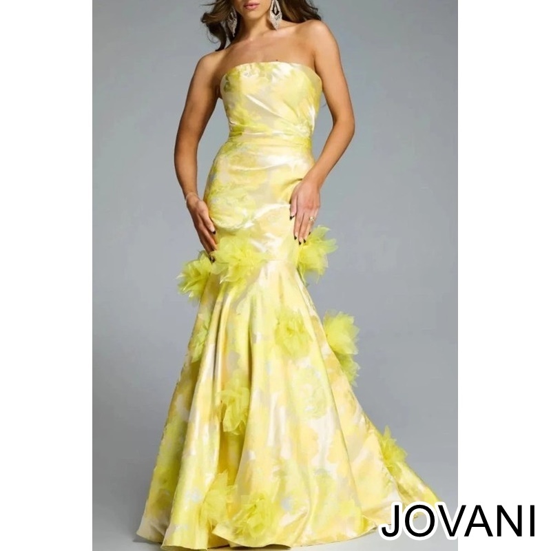 JOVANI ジョヴァニ 黄色!フローラルレースロングドレス イエロー