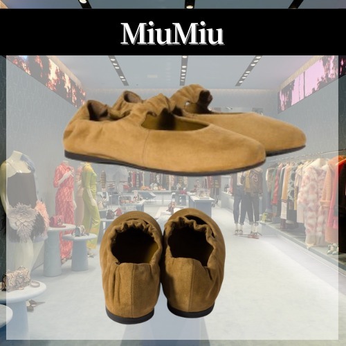 直営店｜25SS MiuMiu◆ロゴ ルーシュ スエード バレリーナ