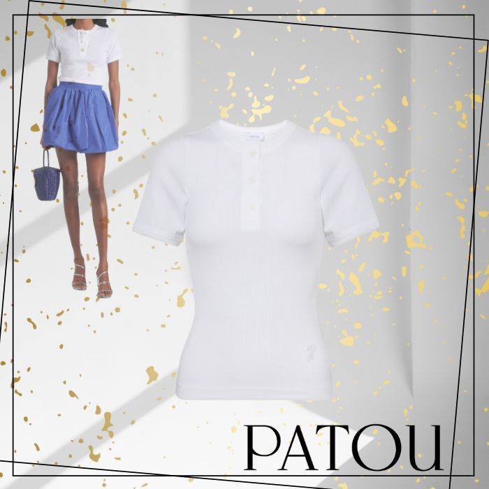 人気【PATOU】Ribbed-knit T-shirt リブニット Tシャツ ボタン付
