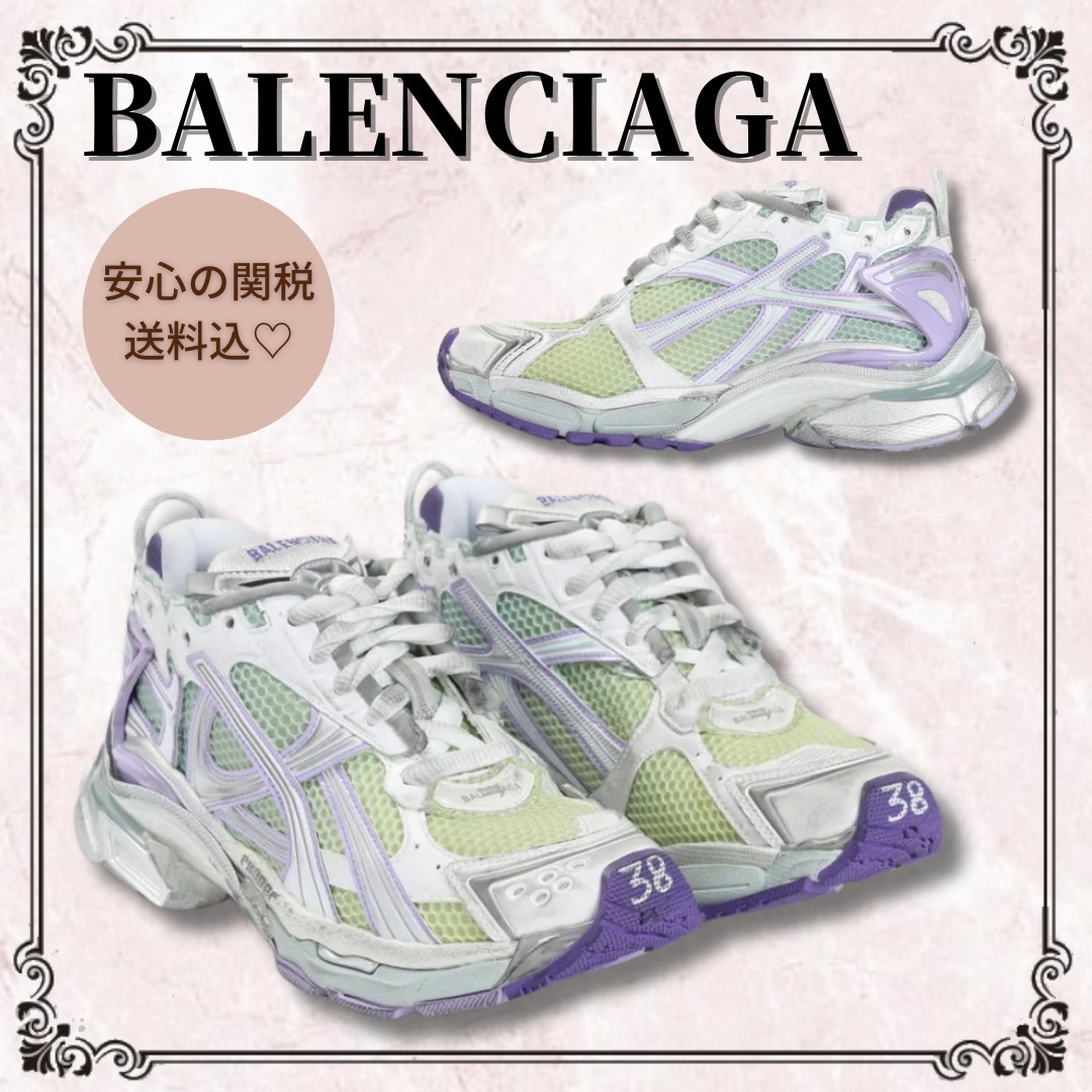 関税込◇*BALENCIAGA*レザー＆メッシュ ランナー ロゴスニーカー