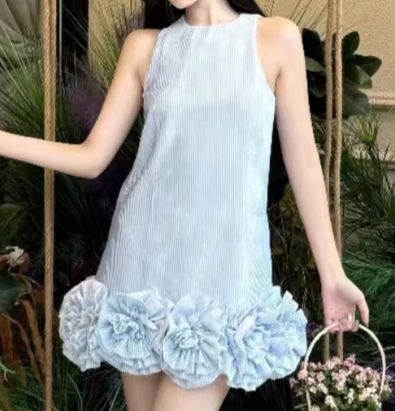 【再入荷】立体フラワー ストライプ ワンピース  ミニドレス
