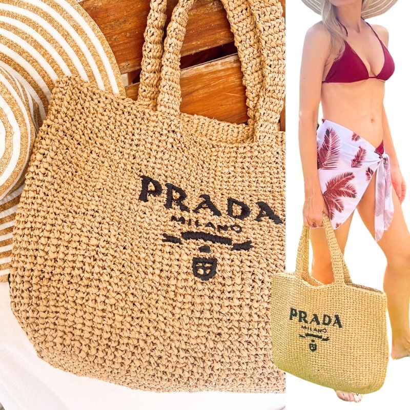大注目 PRADA プラダ トートバッグ クロシェ ラフィア 刺繍ロゴ