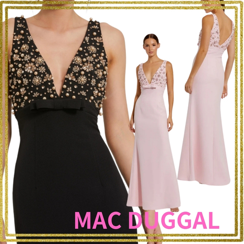 MAC DUGGAL★クレープノースリーブビーズVネックガウンリボン付