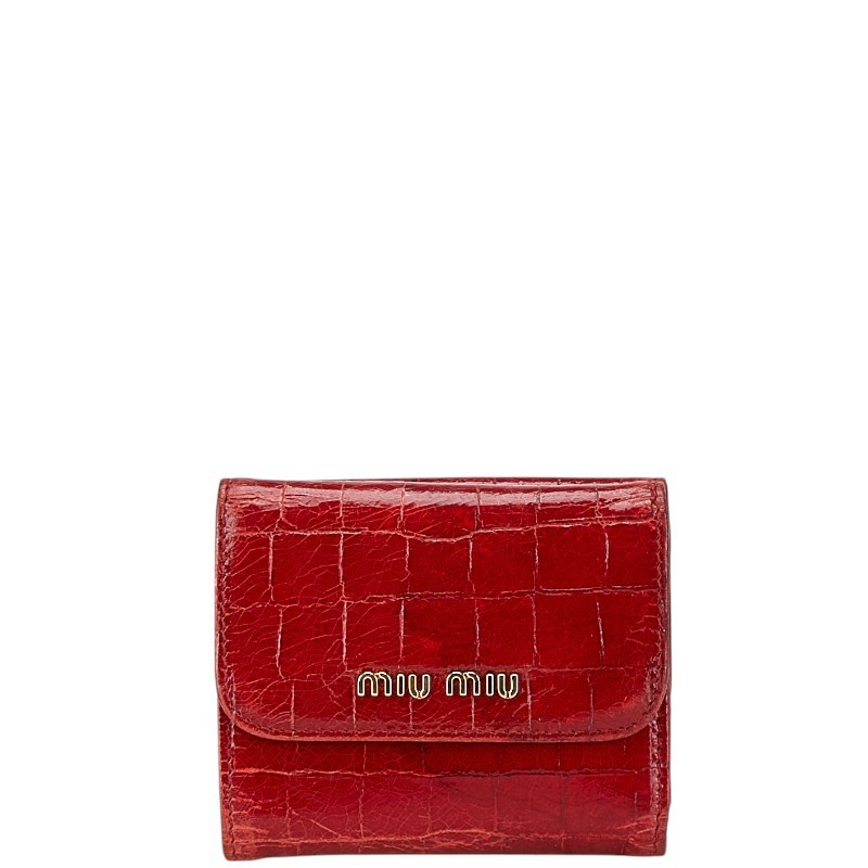 ミュウミュウ クロコエンボス レザー 三つ折り財布 赤