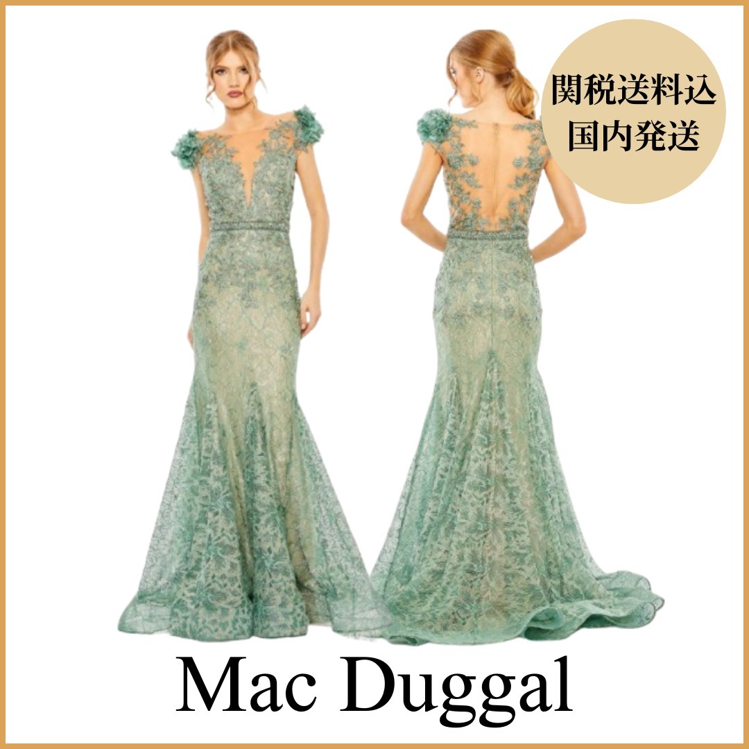 【Mac Duggal】Green Appliqued Bodice Trumpet Gown 関税送料込