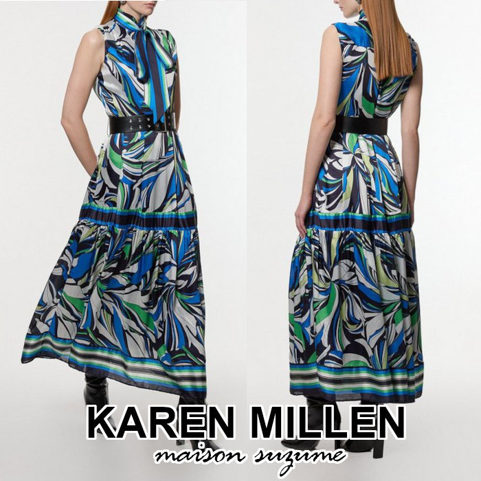 【KAREN MILLEN】マーブルフラワー☆ベルト付タイネックワンピ