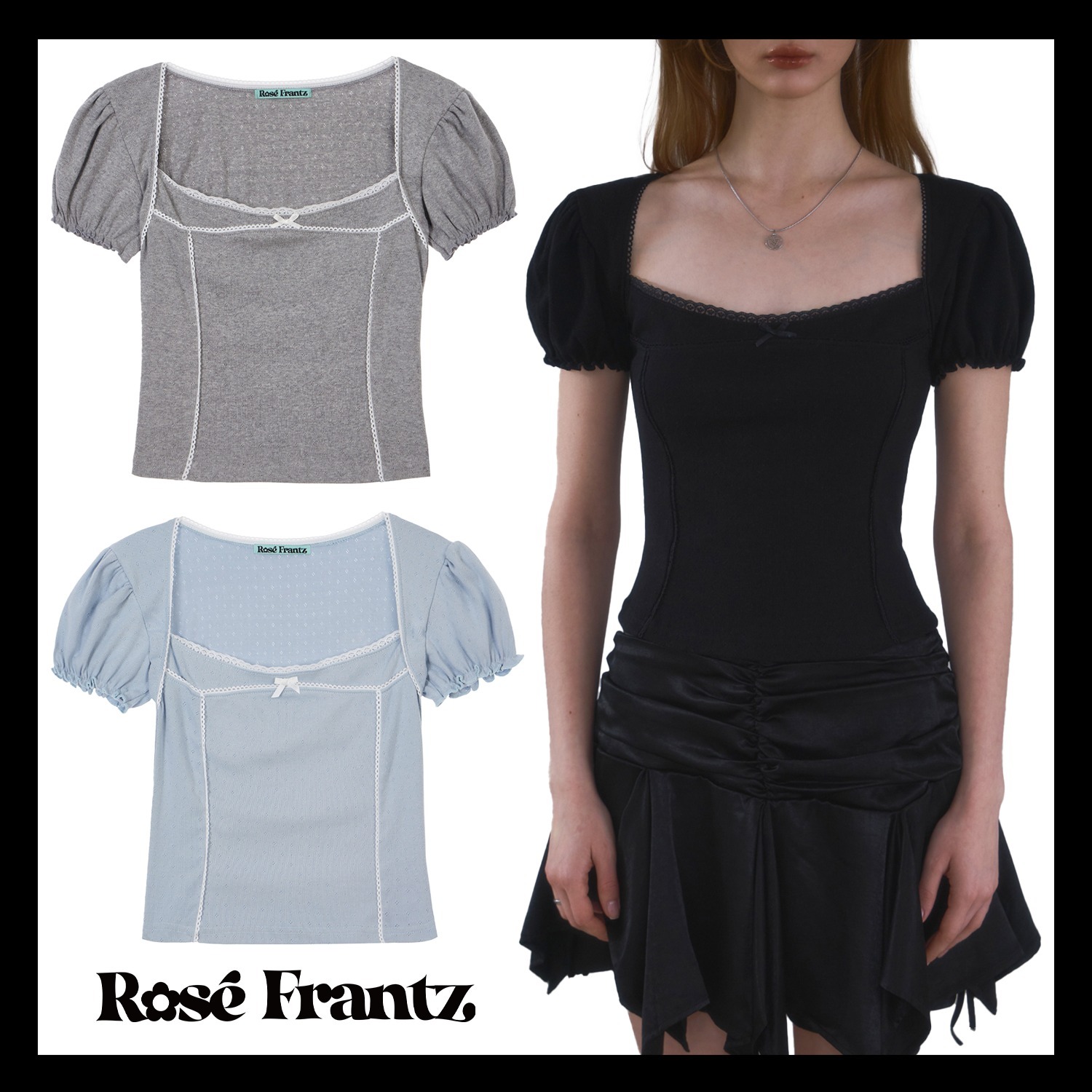 【RoseFrantz】Lace Line Puff T-shirt パフスリーブ Tシャツ