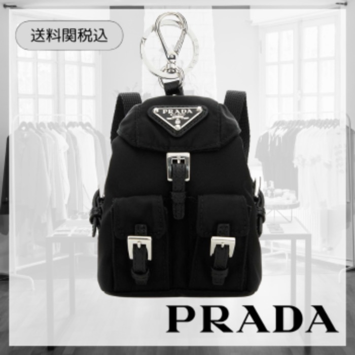 国内発送【PRADA】ブラック ファブリック キーホルダー ロゴ