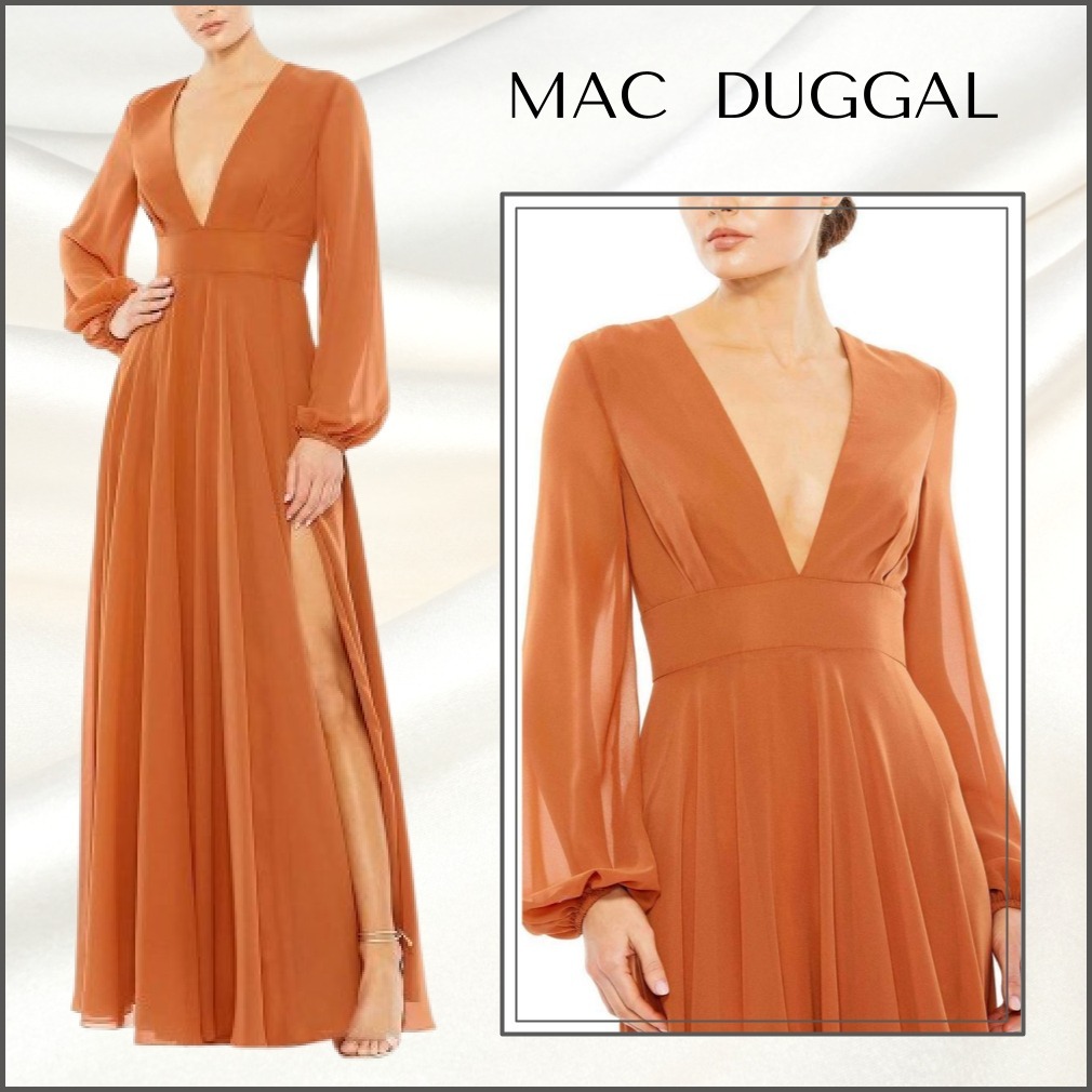 関税送料込【MAC DUGGAL】ロング ワンピース シフォン オレンジ