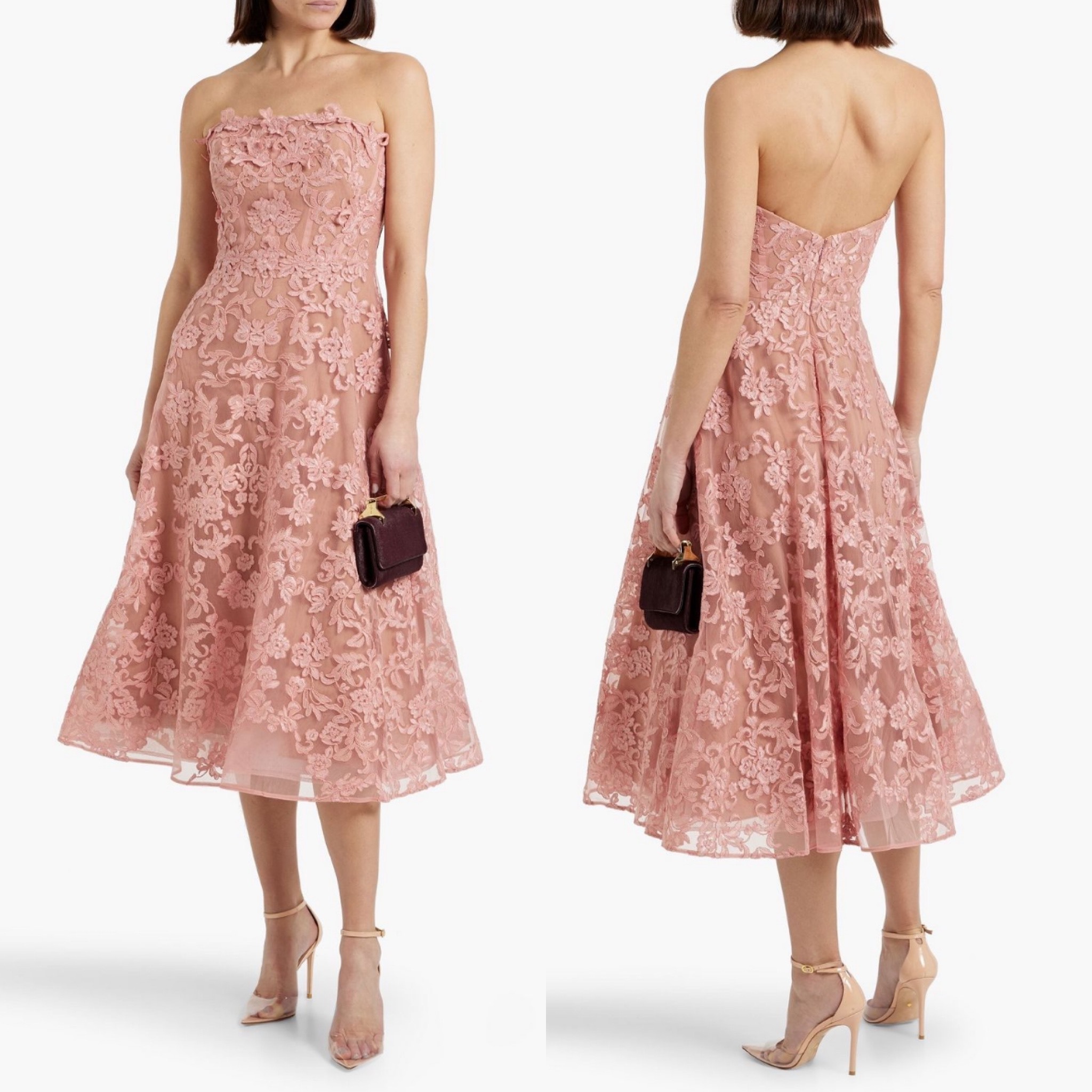 【Marchesa Notte】ストラップレスフローラルレースミディドレス